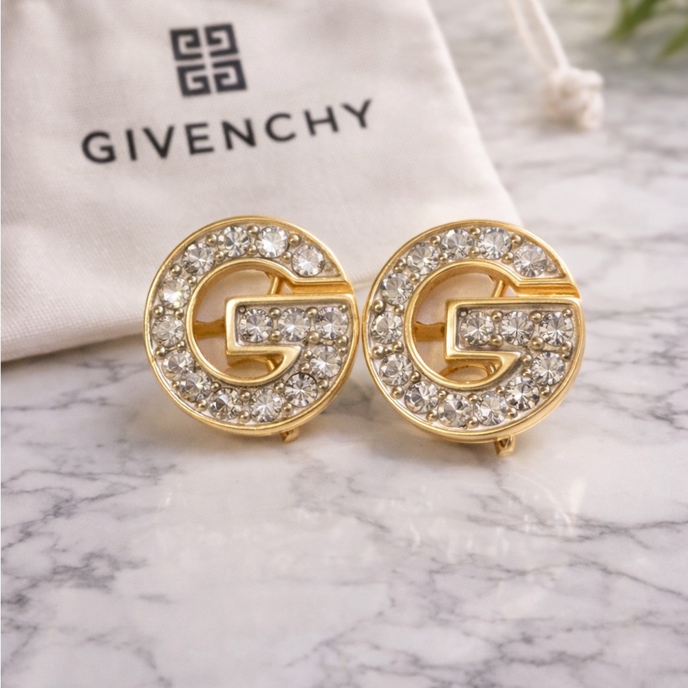 Givenchy Clip-on Vintage Earrings Rhinestone Gold Color Hardware
